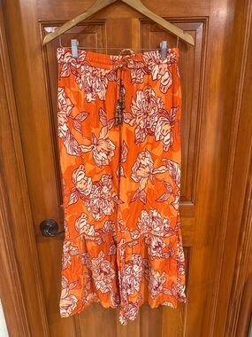 Bright Orange Floral Wide-Leg Pull-On Pants with Tie